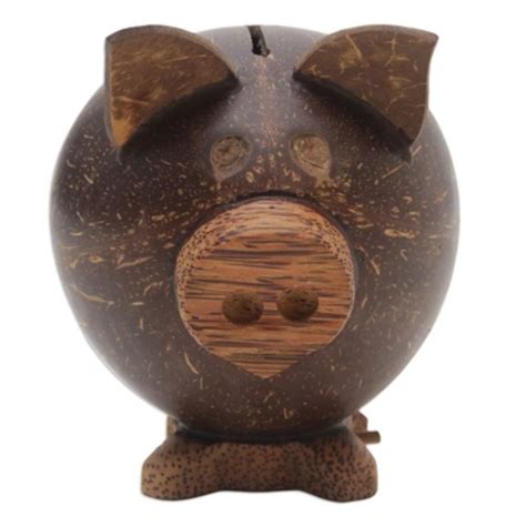 Hot Product Handcrafted Natural Brown Coconut Shell Pig Coin Bank