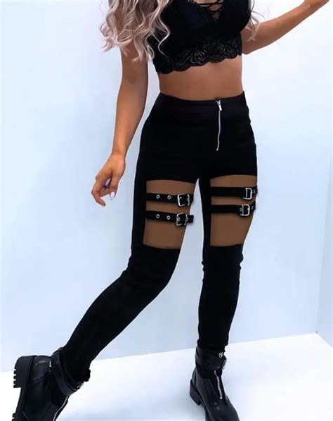 Women S Pants 2023 Summer Fashion Eyelet Buckled Sheer Mesh Patchwork