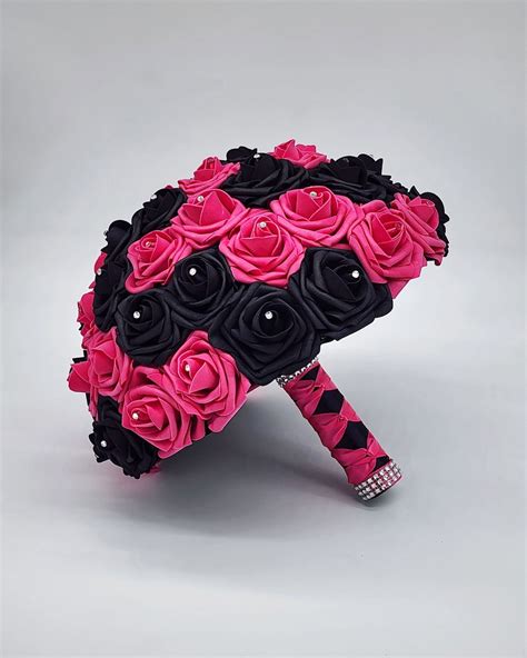 Hot Pink and Black Wedding Bouquet Made With Real Touch Roses, Bridal ...