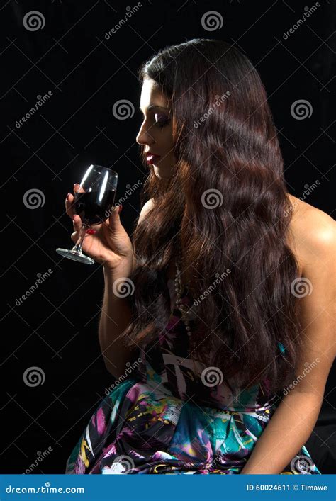 Brunette Drinking Red Wine Stock Image Image Of Dress