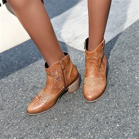 Womens Brown Faux Leather Western Ankle Boots With Embroidered Details