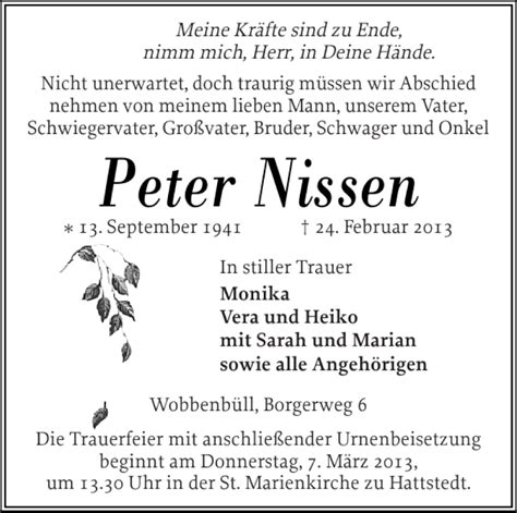 Traueranzeigen Von Peter Nissen Sh Z Trauer