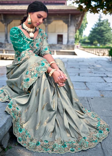 Sage Green Banarasi Saree With Embroidery Work Urban Womania