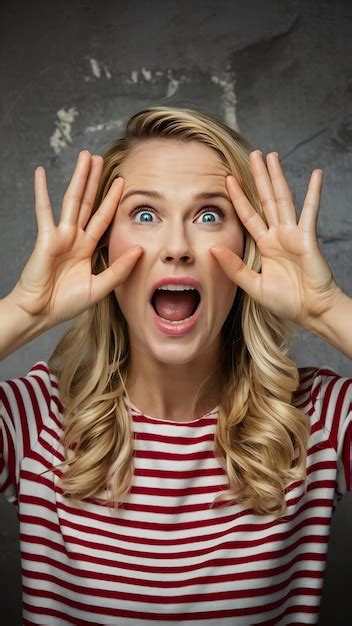 Astonished Blonde Female Keeps Mouth Widely Opened Looks Through Fingers Remembers Some