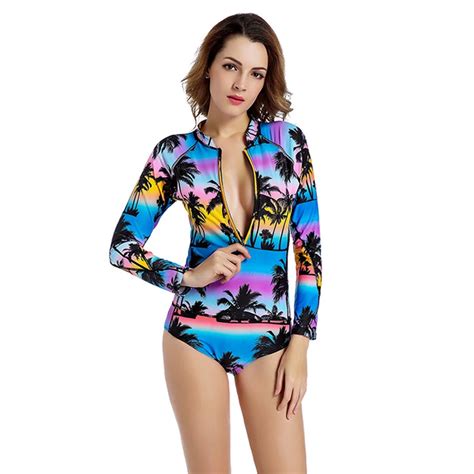 Coconut Tree Print One Piece Swimsuit Long Sleeve Upf 50 Beach Rash