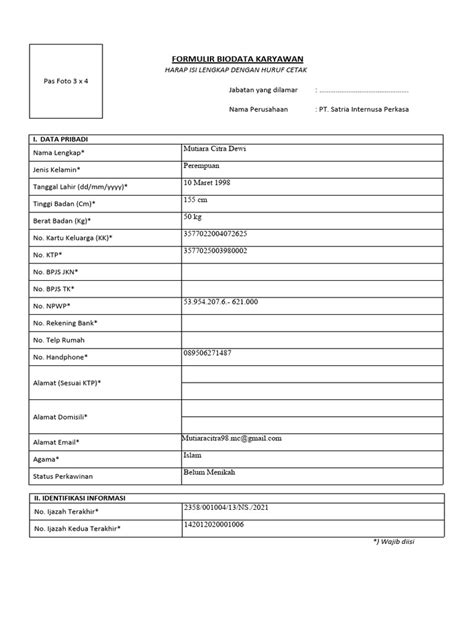 Form Biodata Karyawan Baru Pdf