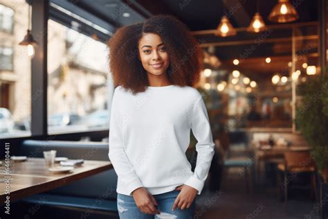 Beautiful black woman wearing white sweater and jeans, at cafe. Design ...