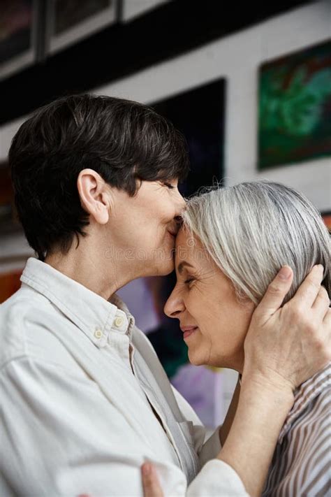 Mature Lesbian Couple Hugging In Art Stock Image Image Of People Closeness