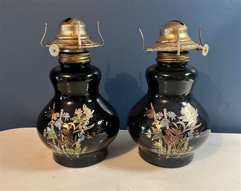 Pair Of Vintage Kaadan Black Painted Glass Paraffin Oil Lamp Base With