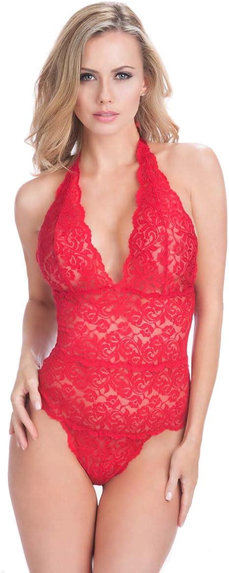 Sexy Red Lace Halter Plunge Teddy Lingerie At Amazon Womens Clothing Store