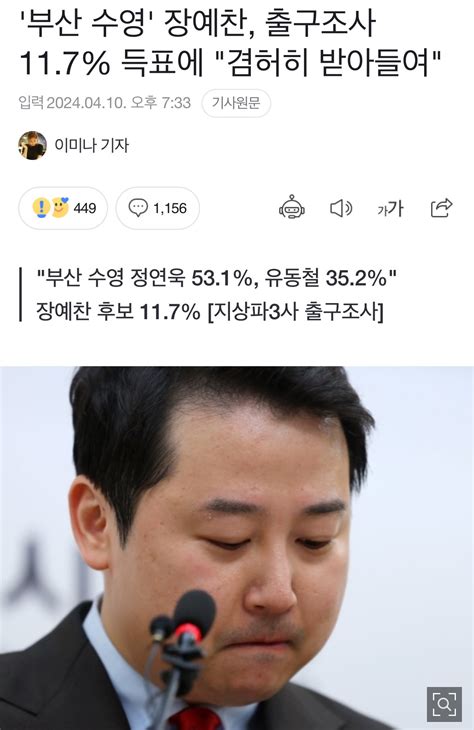 부산 수영 장예찬 출구조사 117 득표에 겸허히 받아들여 정치시사 에펨코리아