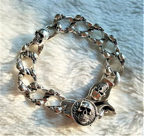 Skull Bracelet 925 Sterling Silver Wclasp Punk Goth Rock Biker Heavy 95 Grams 9 Inches Eliz