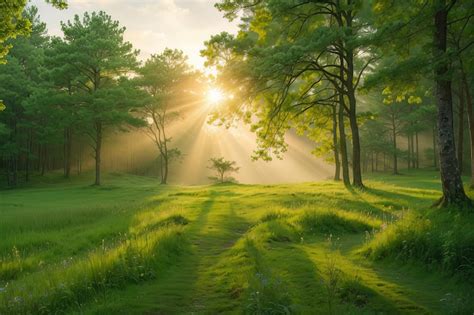 Premium Photo Sunrise In The Green Forest A Breathtaking Landscape