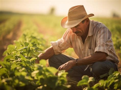 Un Agricultor Cuidando Las Filas De Cultivos En Un Campo Iluminado Por