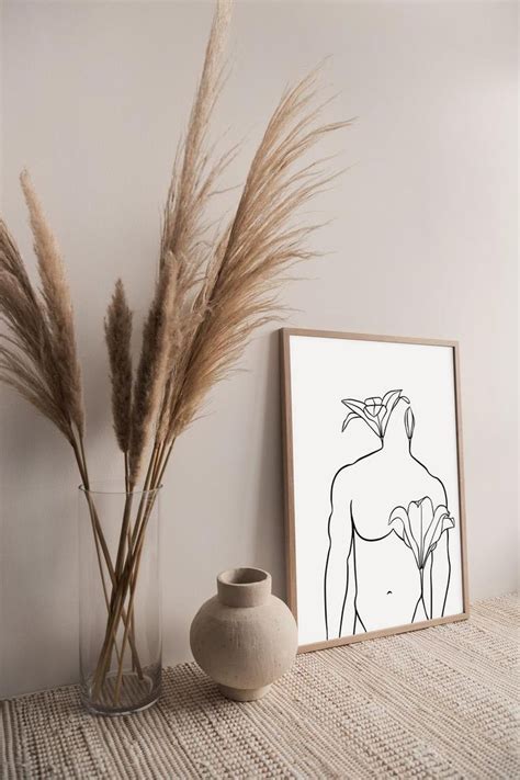 Flower Man Line Art Male Body Outline Drawing Minimalist Floral Body Print Naked Male Figure