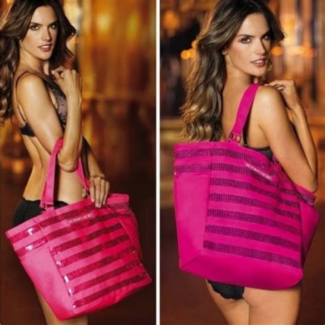 Victoria S Secret Bags Victorias Secret Hot Pink Sequin Stripe Tote Bag Weekender Beach Bag