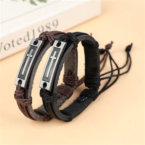 Cross Leather Bracelet For Men Women Jesus Christian Religious Vintage