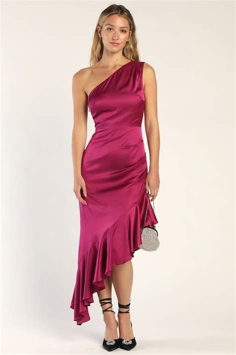 Magenta Midi Dress Asymmetrical Dress One Shoulder Dress Lulus