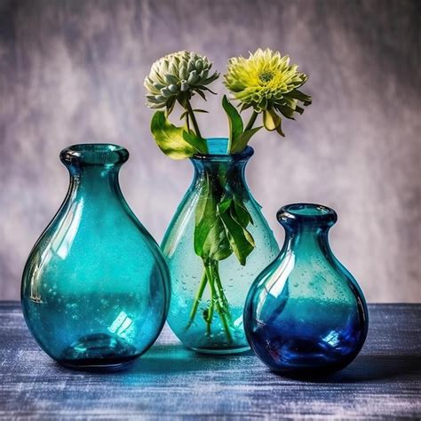 Premium Ai Image A Trio Of Glass Vases In Varying Shades Of Blue