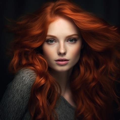 Premium Photo A Woman With Red Hair And A Gray Sweater Is Standing In Front Of A Black Background