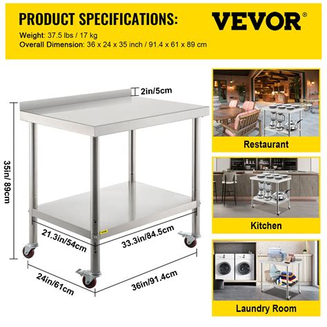 Vevor Stainless Steel Work Prep Table Kitchen Work Table 36x24in W 4 Casters Vevor Ca