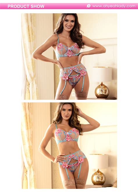 Xs Xl Floral Embroidery Lingerie Sexy Lace Stockings Bra Set With