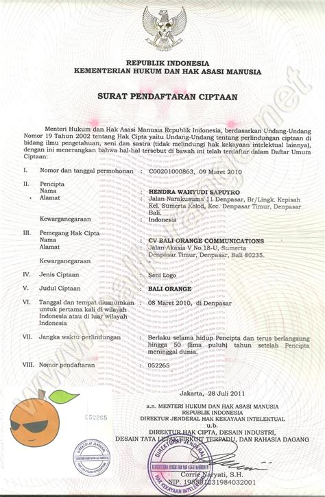 Sertifikat Hak Cipta Logo Bali Orange Communications