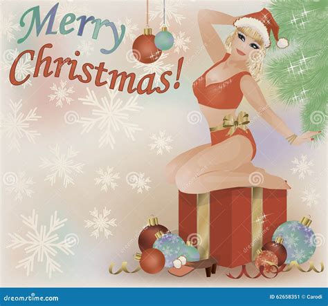 Merry Christmas Pinup Blonde Santa Girl Postcard Vector Stock Vector Illustration Of Glamour