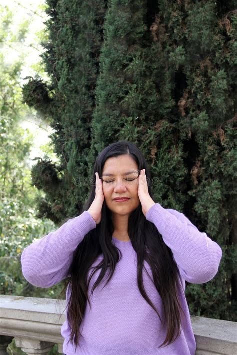 Year Old Latina Woman Suffers From Allergy Headache Stock Image Image Of Plus Frustration