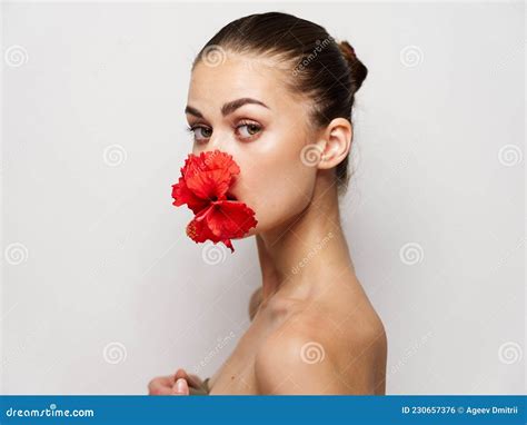 Pretty Woman Naked Shoulders Red Flower Cosmetics Stock Photo Image Of Female Pretty