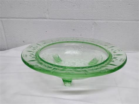 Vintage Depression Glass Green Vaseline Uranium Footed Bowl Floral