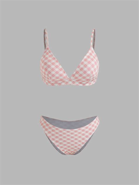 Knit Fabric V Neck Check Bracelet Cheeky Bikini Swimsuit For Beach Vacation Swimming Pool