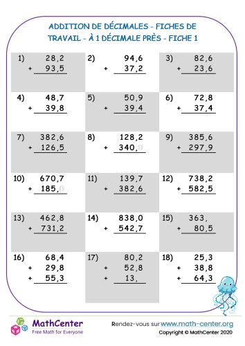Addition de décimales fiches de travail à 1 décimale près fiche 1