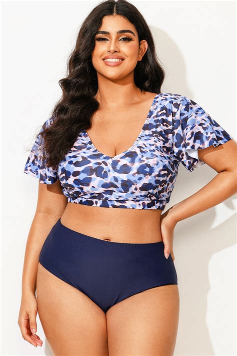 Floral Print V Neck Flutter Sleeve Bikini Top Meet Curve Meet Curve