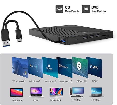 Внешний CD DVD-рекордер ORIGBELIE, USB 3.0 и Type-C с TF/SD, оптический ...