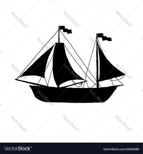 Silhouette Sailboat Ship With Sails Black Outline Vector Image