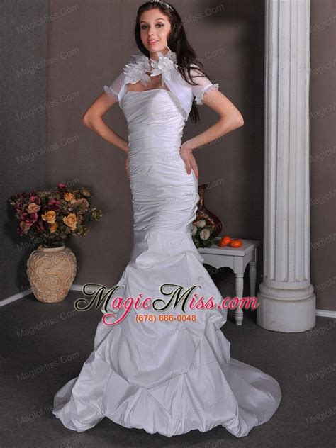 Elegant Column Strapless Brush Train Taffeta Ruch And Pick Ups Wedding