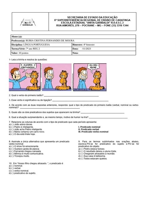 Prova De Português 7 Ano - Prova de Portugues 7º Ano | PDF
