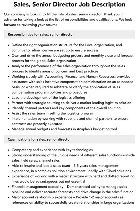 Sales Senior Director Job Description Velvet Jobs