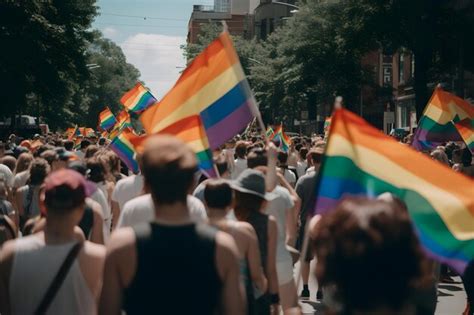 Una Multitud De Personas Marchando En El Desfile Del Orgullo Gay Con Banderas Del Arco Iris