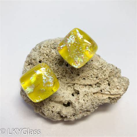 Yellow Fused Glass Earrings Dichroic Glass Earring Stud Earring