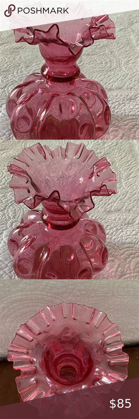 Vintage 8 Fenton Art Glass Cranberry Pink Pinch Ruffle Top Bulbous Melon Shape Ruffle Top