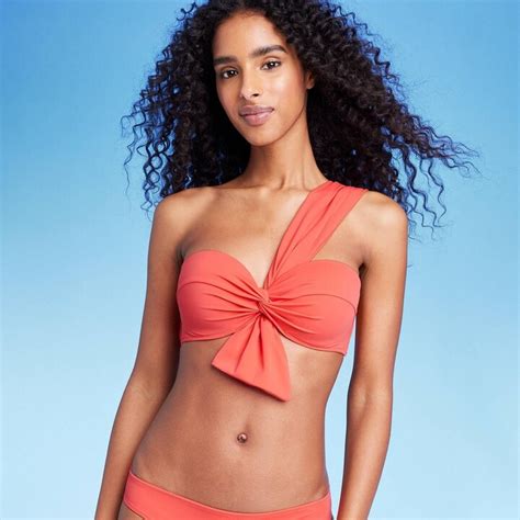 Women S Lightly Lined One Shoulder Twist Front Bow Tail Bikini Top