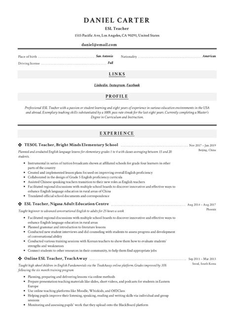 Esl Teacher Resume Examples Pdf Format