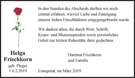 Traueranzeigen Von Helga Frischkorn Trauer In Nrw De