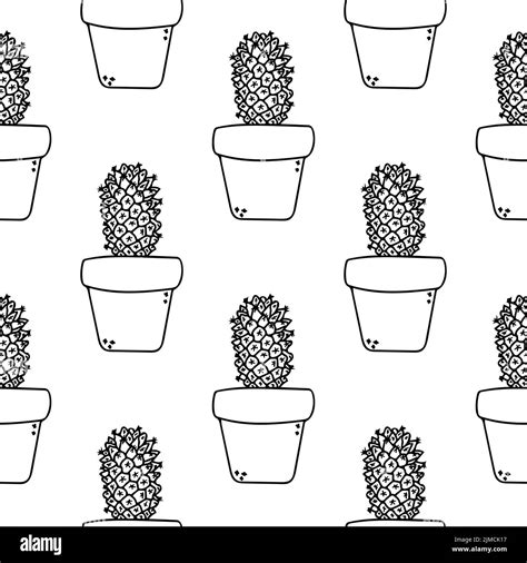 Cactus Seamless Pattern Vector Line Art Cute Black Succulent In Pot