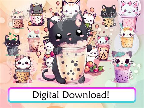 25 Kawaii Cat Boba Tea Clipart Kawaii Cute Tea Clipart Cute Etsy