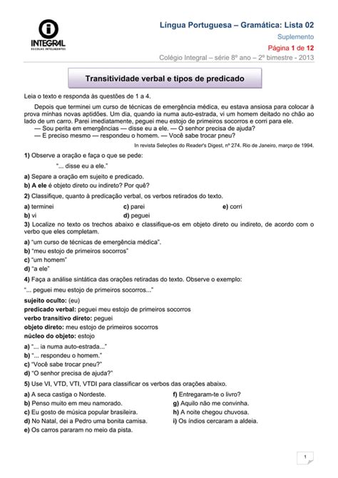Exercícios De Transitividade Verbal Com Gabarito Recanto Das Letras - Atividade de transitividade verbal | PDF
