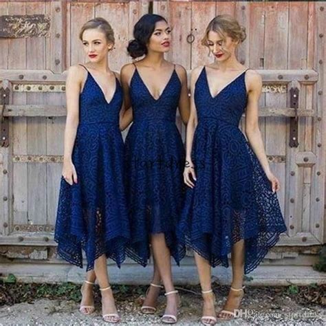 Navy Blue Tea Length Navy Bridesmaid Dresses Short With Full Lace