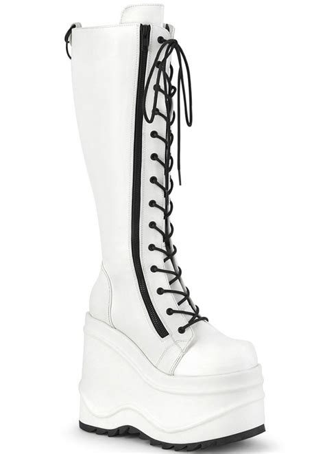 Demonia Wave 200 White Knee High Platform Boot Attitude Clothing